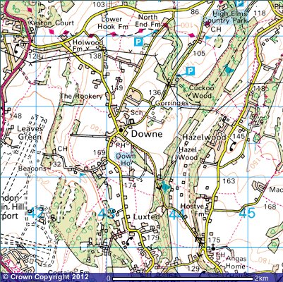 1881 Ordnance survey map of Downe with link to modern ordnance survey map